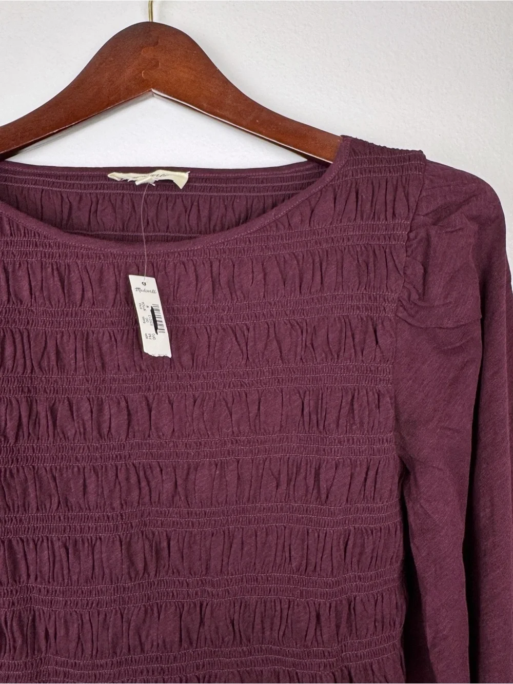 Madewell Smocked Cotton Boatneck Puff Sleeves Slim Fit Top Burgundy Size M NWT